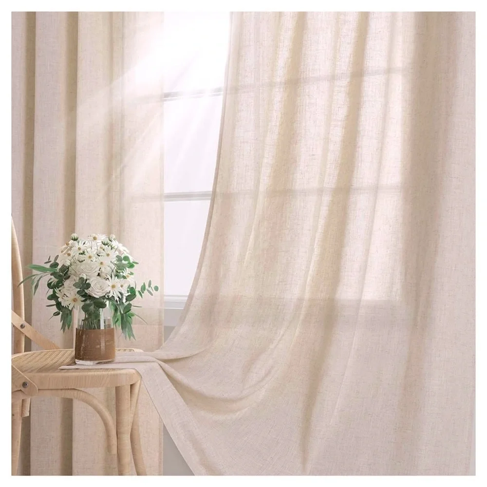 Pair of 2 Beige Khaki 100% Linen Curtain Panels w Grommet Rings 102”